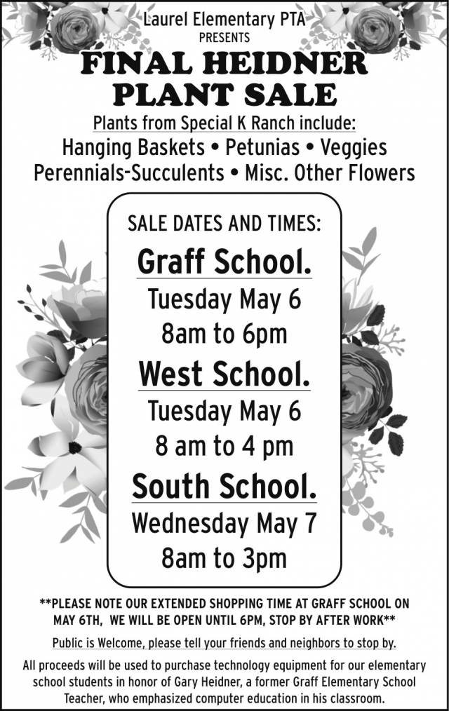 Heidner Plant Sale, Laurel Elementary PTA Final Heidner Plant Sale (May 6 & 7, 2025)