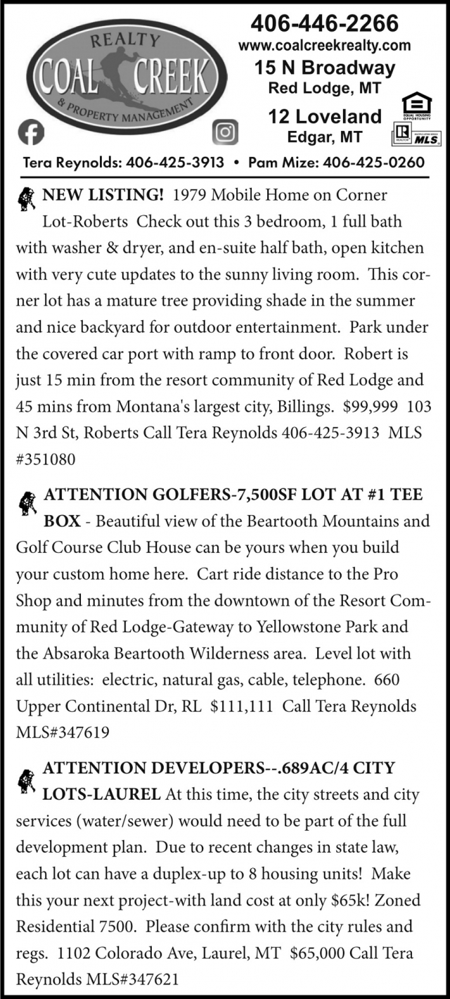 New Listing!, Coal Creek Realty & Property Management, Edgar, MT