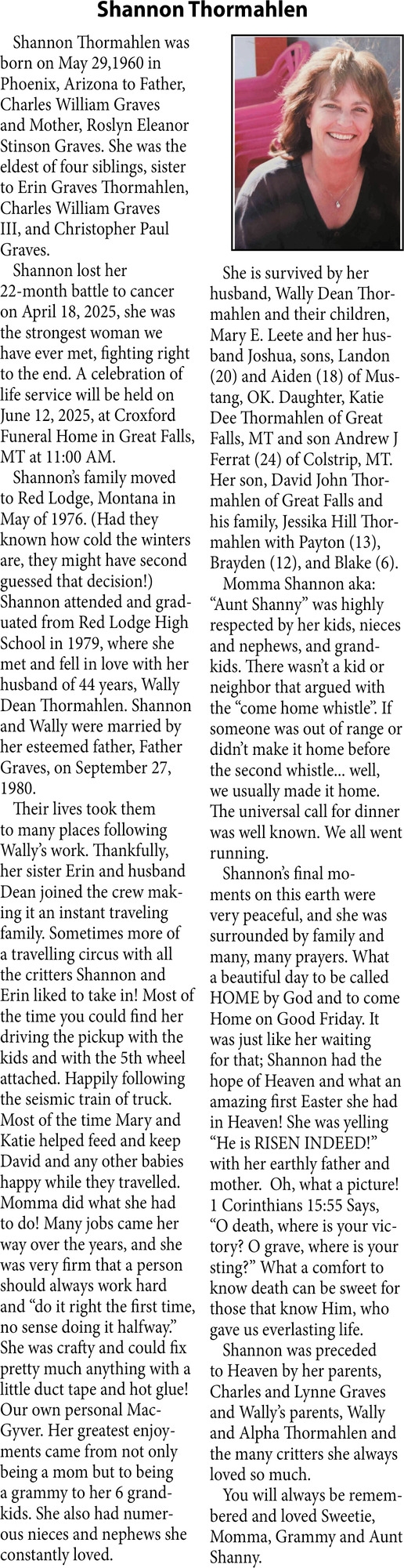 Shannon Thormahlen, Obituaries, Glendive, MT
