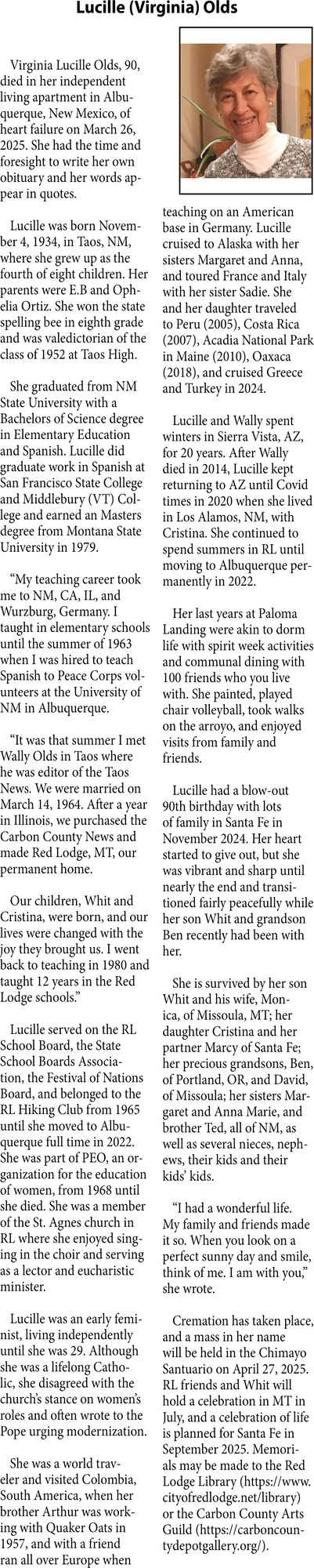 Lucille Olds, Obituaries, Glendive, MT