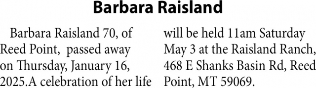 Barbara Raisland, Obituaries, Glendive, MT
