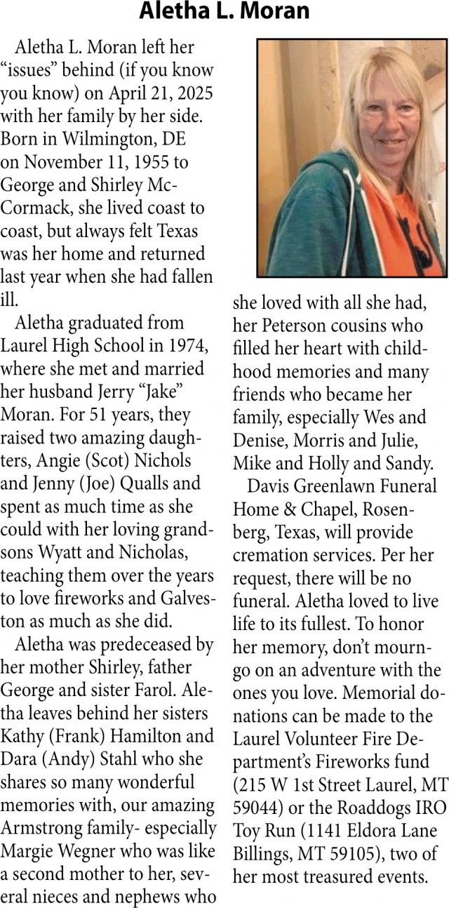 Aletha L. Moran, Obituaries, Glendive, MT