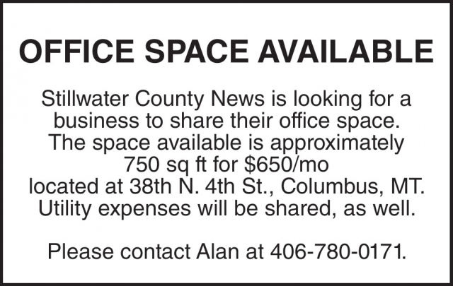Office Space Available, 406-780-0171, Columbus, MT