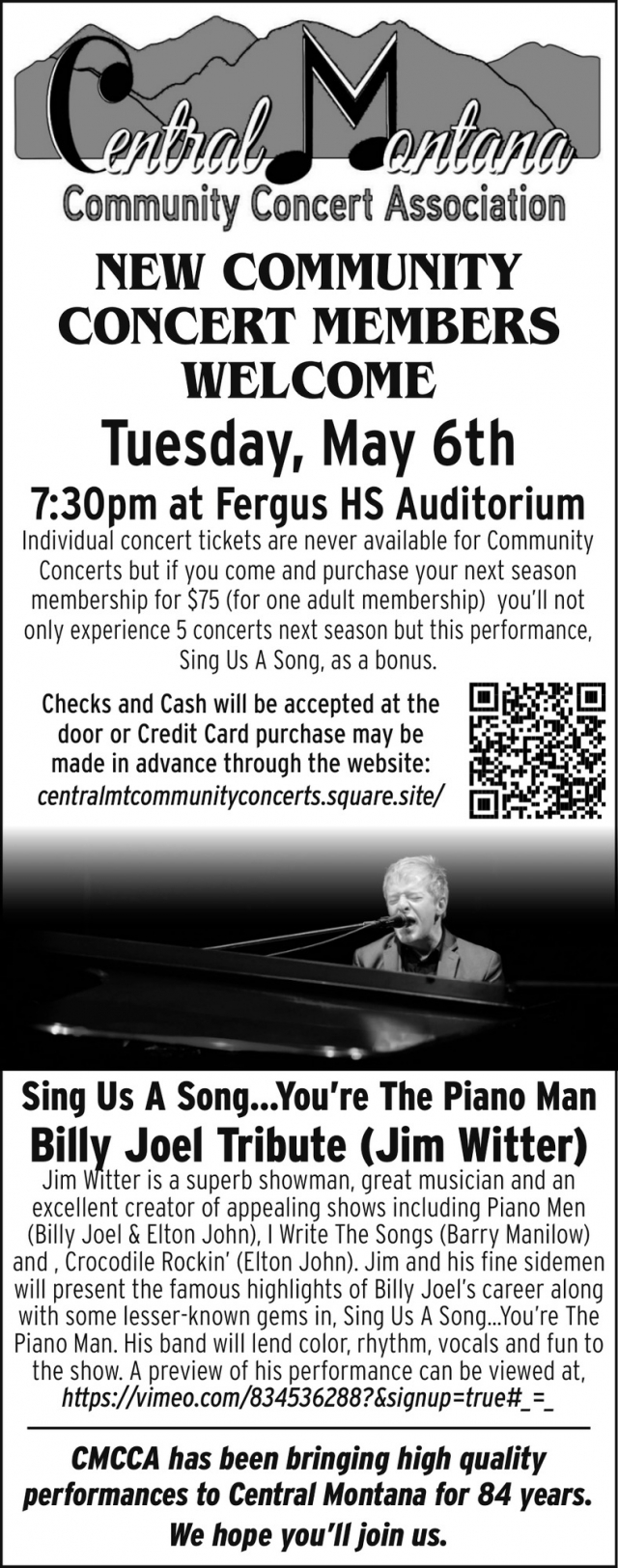 New Community Concert Members Welcome, Central Montana Community Concert Association, Lewistown, MT