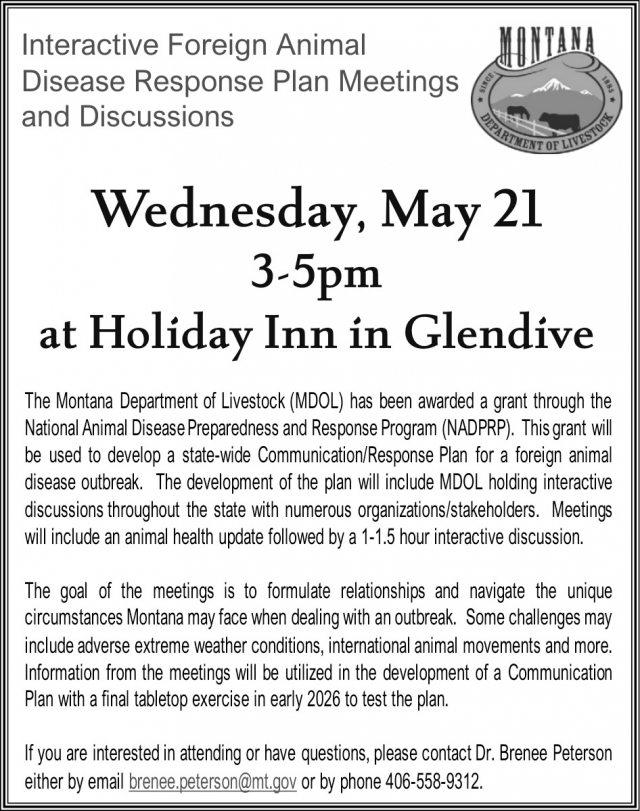 Interactive Foreign Animal Disease Response Plan Meetings and Discussions, Montana Department of Livestock, Helena, MT