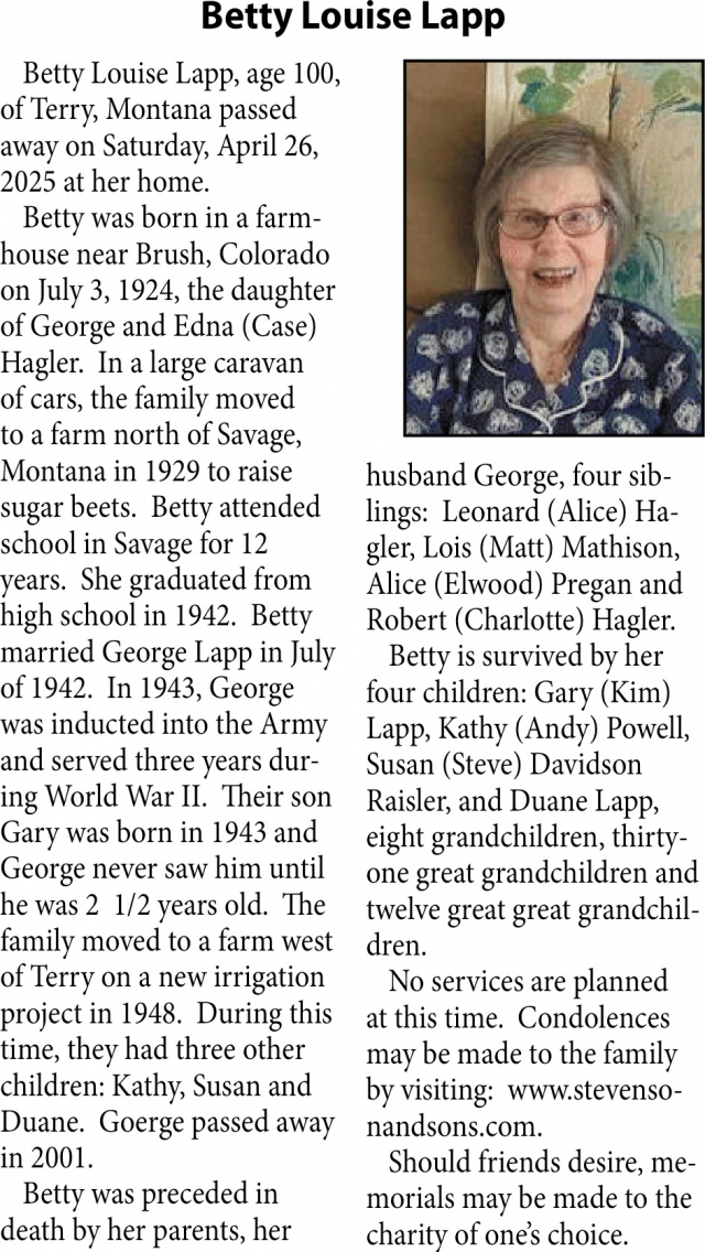 Betty Louise Lapp, Obituaries, Glendive, MT
