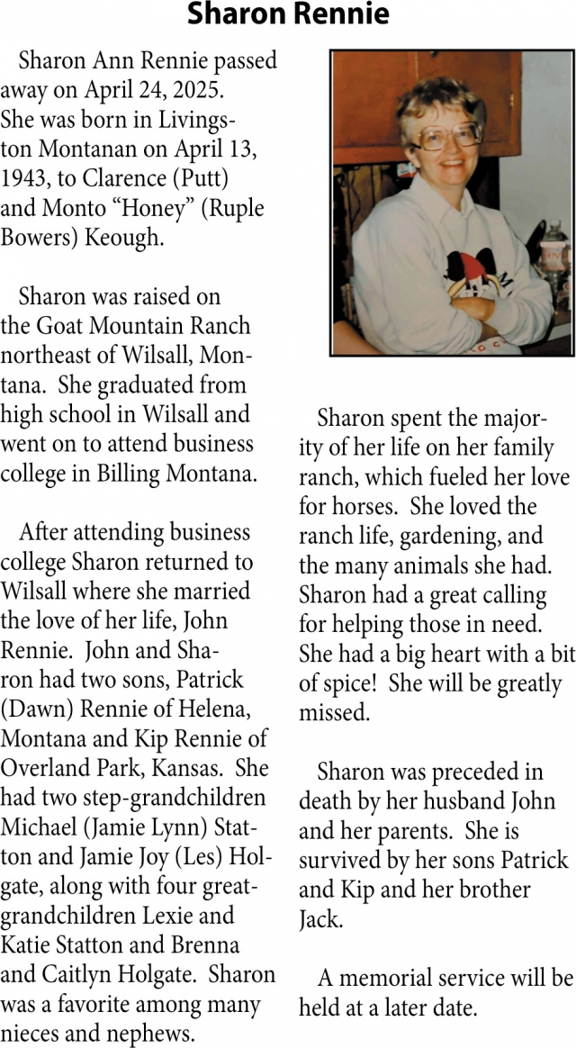 Sharon Rennie, Obituaries, Glendive, MT