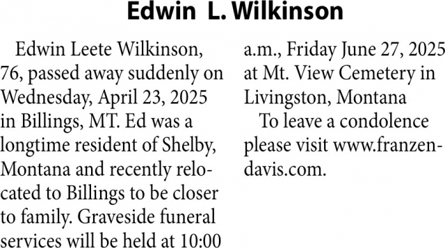 Edwin L. Wilkinson, Obituaries, Glendive, MT