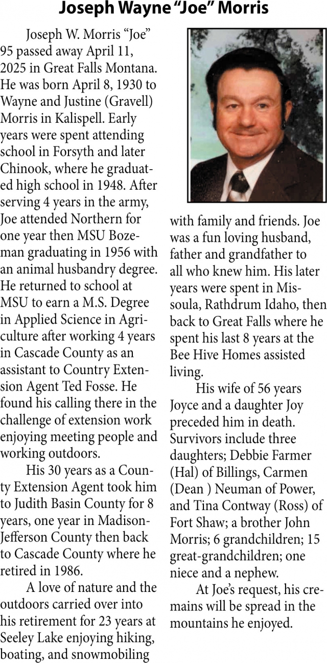 Joseph Wayne Morris, Obituaries, Glendive, MT