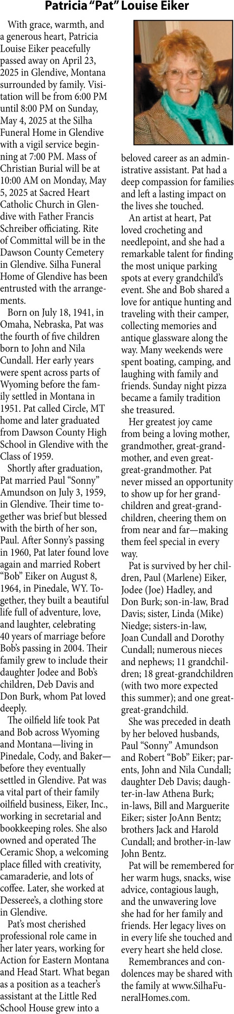 Patricia Louise Eiker, Obituaries, Glendive, MT