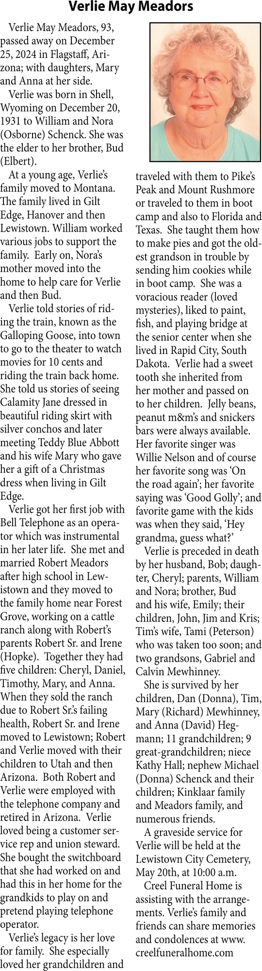 Verlie May Meadoers, Obituaries, Glendive, MT