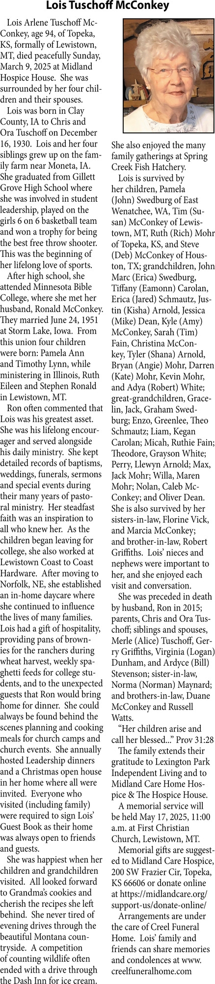 Lois Tuschoff McConkey, Obituaries, Glendive, MT
