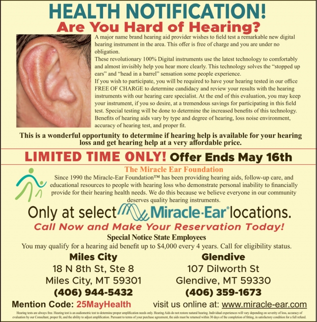 Losing Your Hearing,  Miracle-Ear / Miles City - Glendive, Glendive, MT