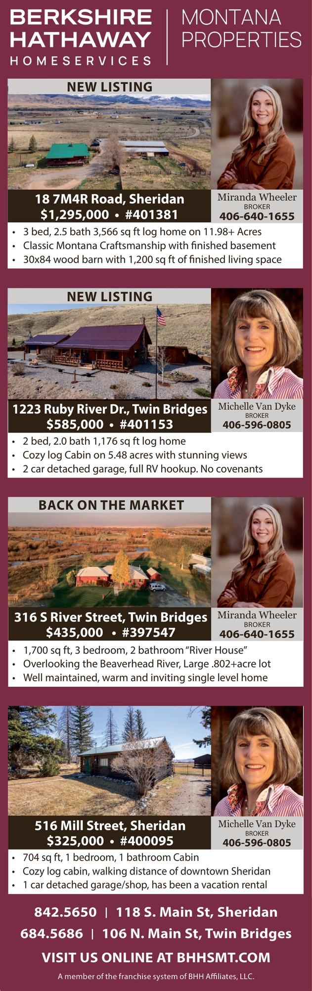 New Listing, Michelle Van Dyke / Frank Cowell - Berkshire Hathaway HomeServices Montana Properties, Twin Bridges, MT