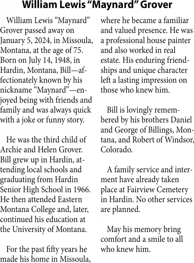 William Lewis "Maynard" Grover, Obituaries, Glendive, MT