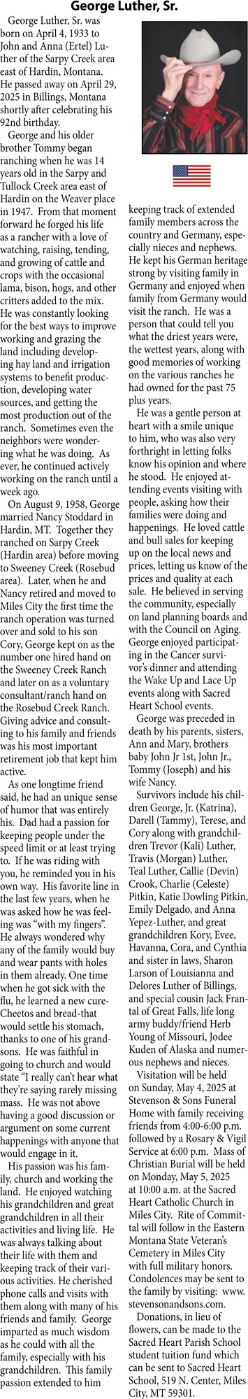 George Luther, Sr, Obituaries, Glendive, MT