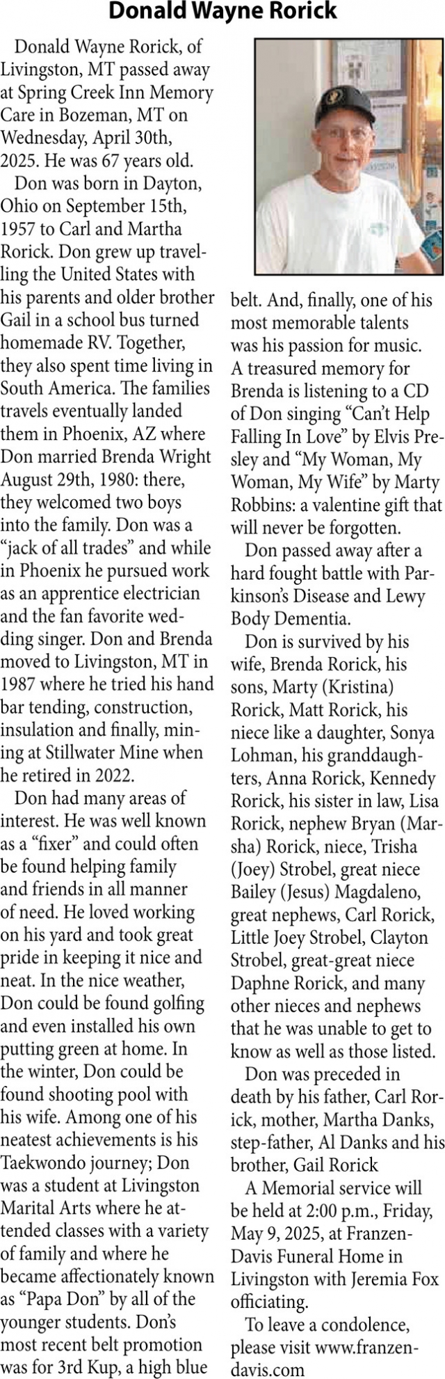 Donald Wayne Rorick, Obituaries, Glendive, MT