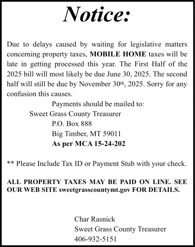 Notice, Sweet Grass County Treasurer, Big Timber, MT