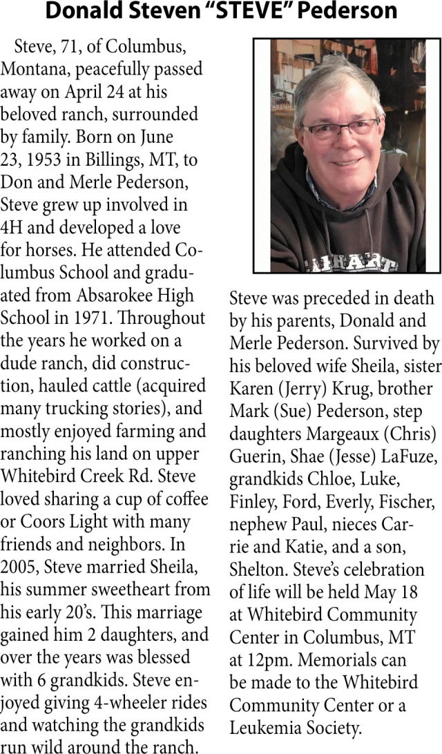 Donald Steven Pederson, Obituaries, Glendive, MT