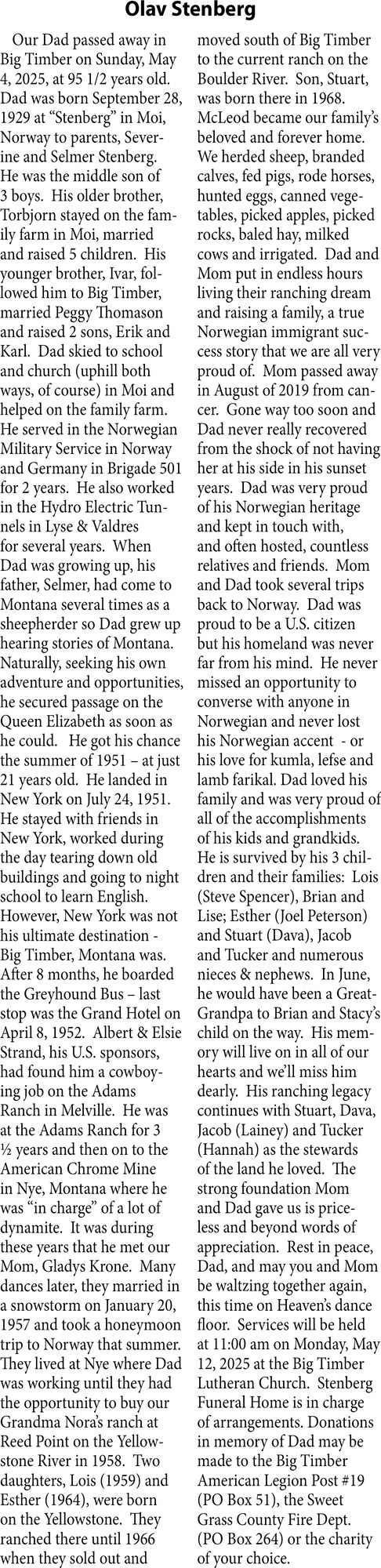 Olav Stenberg, Obituaries, Glendive, MT