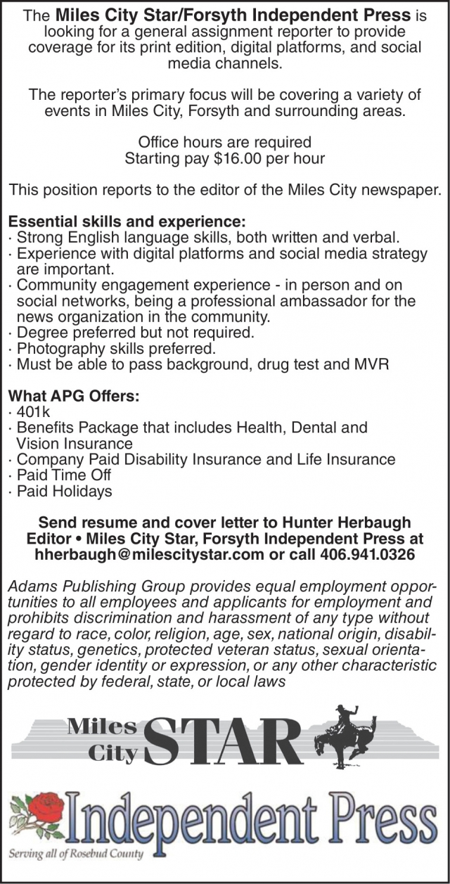 General Assignment Reporter, Hunter Herbaugh - Miles City Star / Forsyth Independent Press
