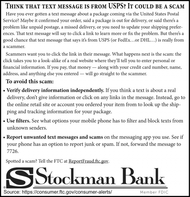 Think that Text Message Is from USPS? It Could Be a Scam, Stockman Bank