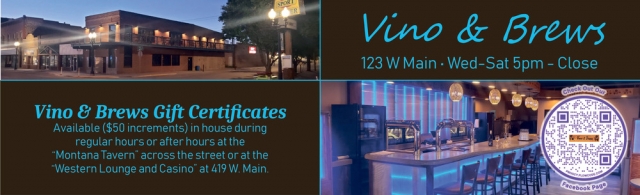 Gift Certificates, Vino & Brews, Lewistown, MT