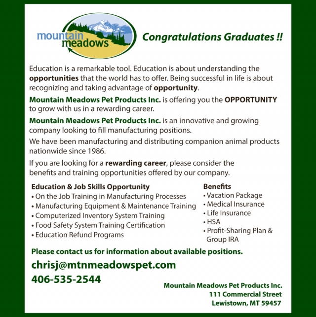 Congratulations Graduates!, Mountain Meadows Pet Products Inc., Lewistown, MT