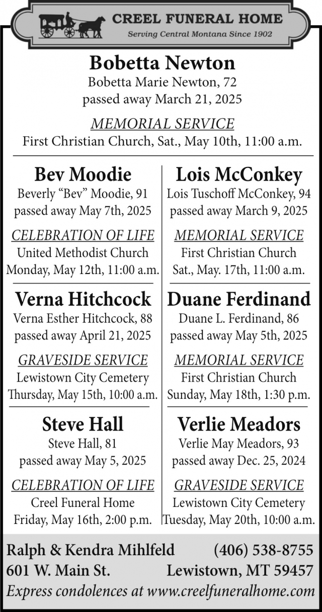 Bobetta Newton, Creel Funeral Home, Lewistown, MT