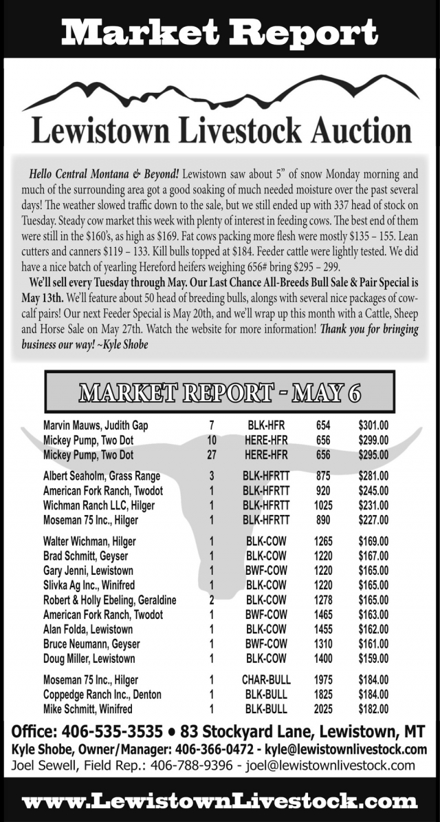 Market Report, Lewistown Livestock Auction, Lewistown, MT