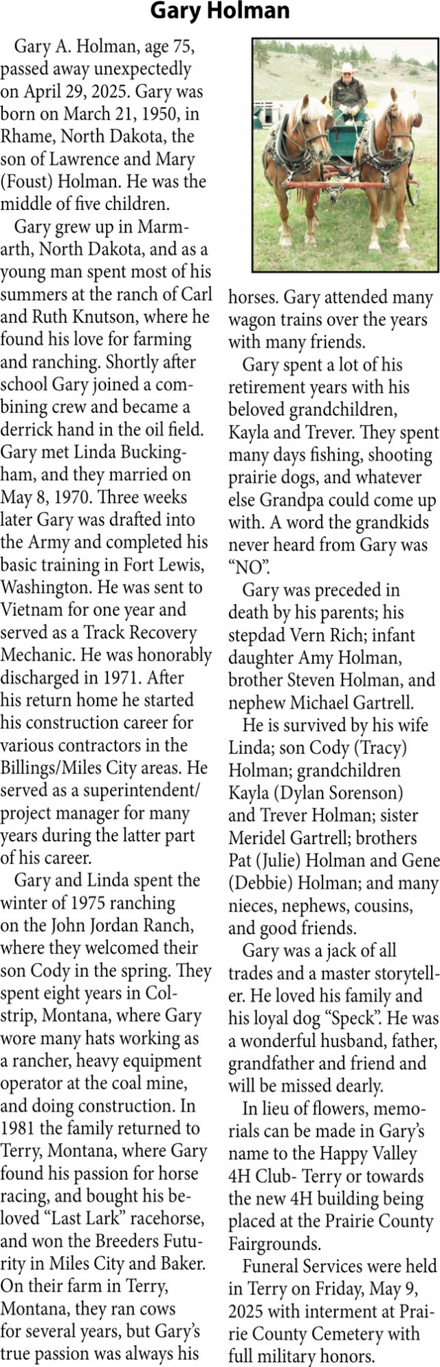 Gary Holman, Obituaries, Glendive, MT