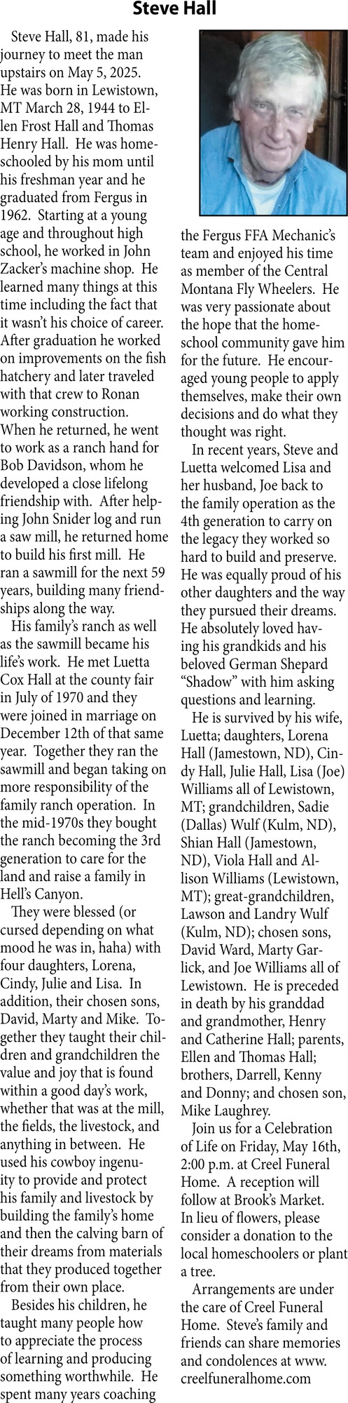 Steve Hall, Obituaries, Glendive, MT