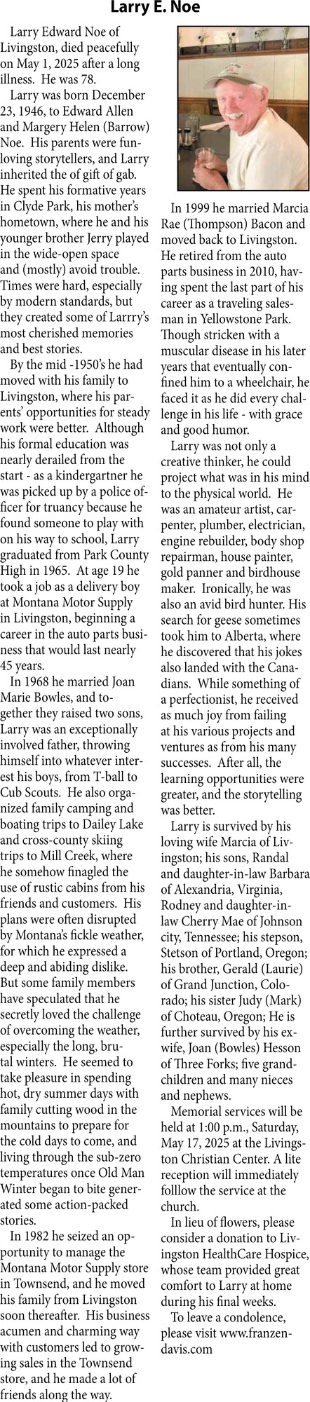 Larry E. Noe, Obituaries, Glendive, MT