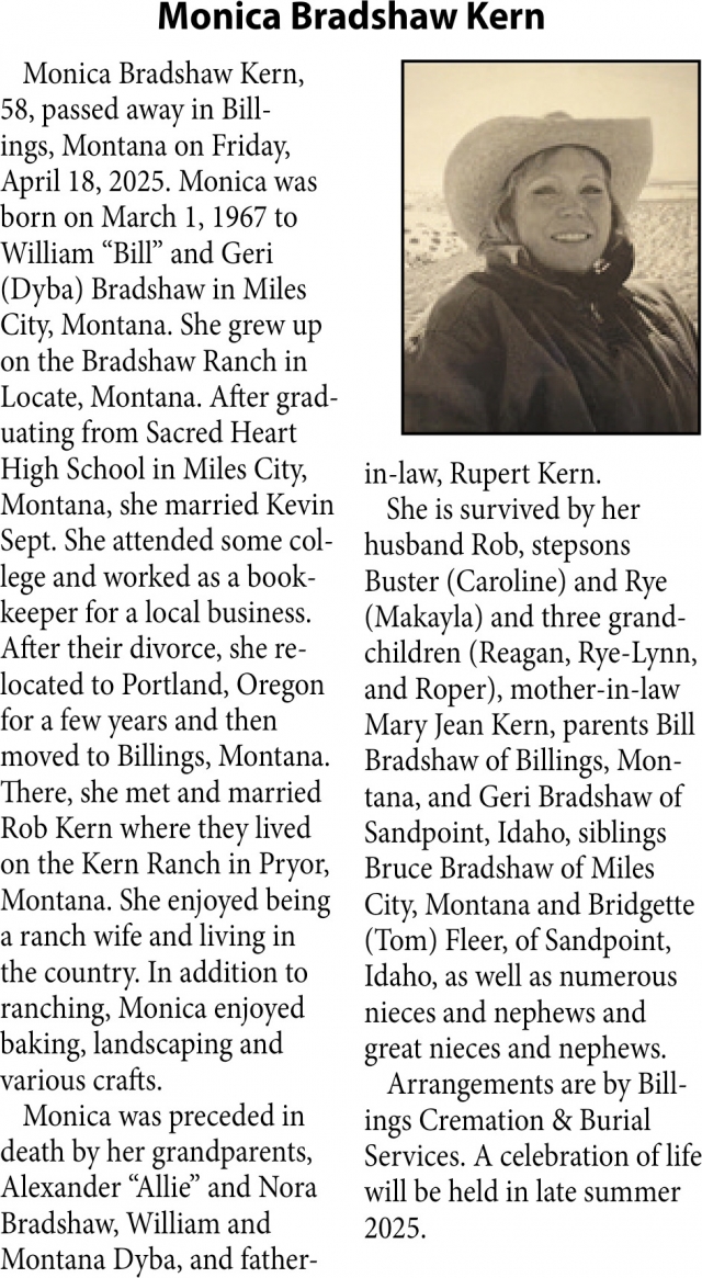 Monica Bradshaw Kern, Obituaries, Glendive, MT