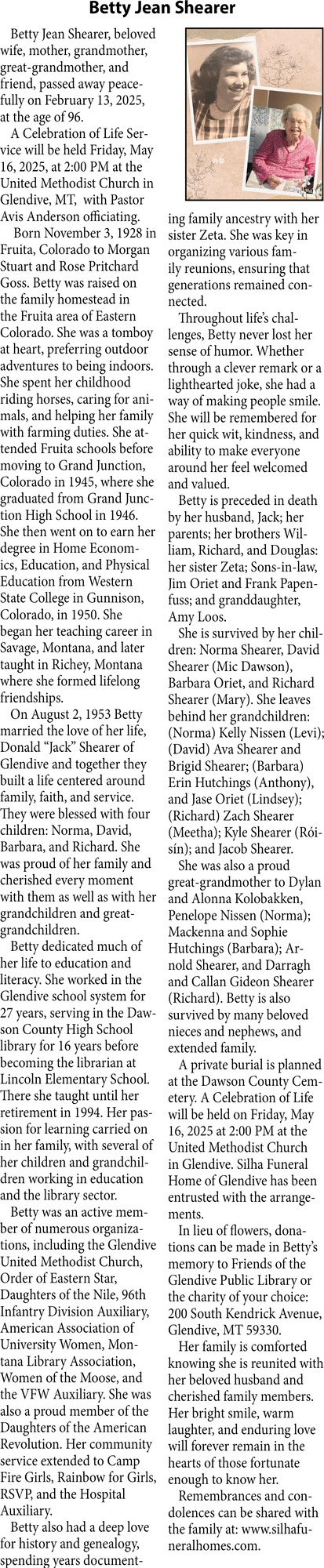 Betty jean Shearer, Obituaries, Glendive, MT