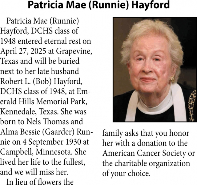 Patricia Mae Hayford, Obituaries, Glendive, MT