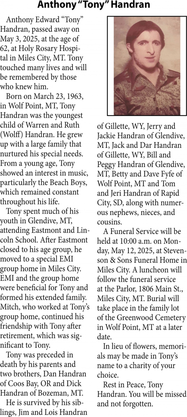 Anthony Handran, Obituaries, Glendive, MT