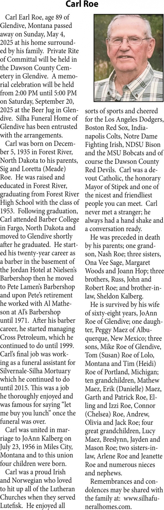 Carl Roe, Obituaries, Glendive, MT