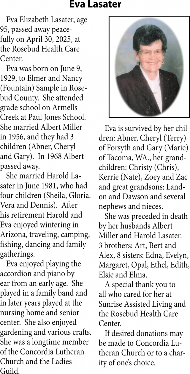 Eva Lasater, Obituaries, Glendive, MT