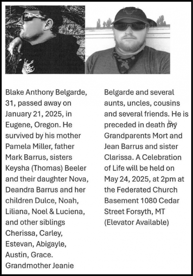 Blake Anthony Belgarde, Obituaries, Glendive, MT
