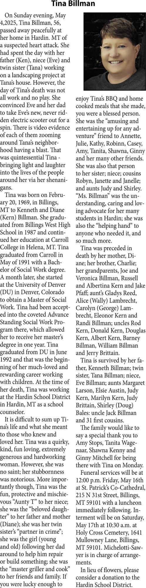 Tina Billman, Obituaries, Glendive, MT