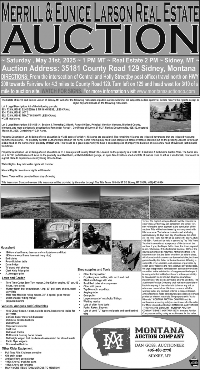 Merrill & Eunice Larson Real Estate Auction, Montana Auction Company, Sidney, MT