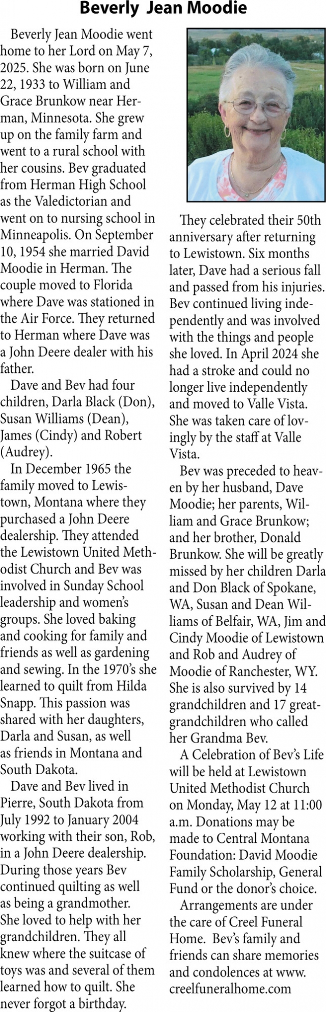 Beverly Jean Moodie, Obituaries, Glendive, MT
