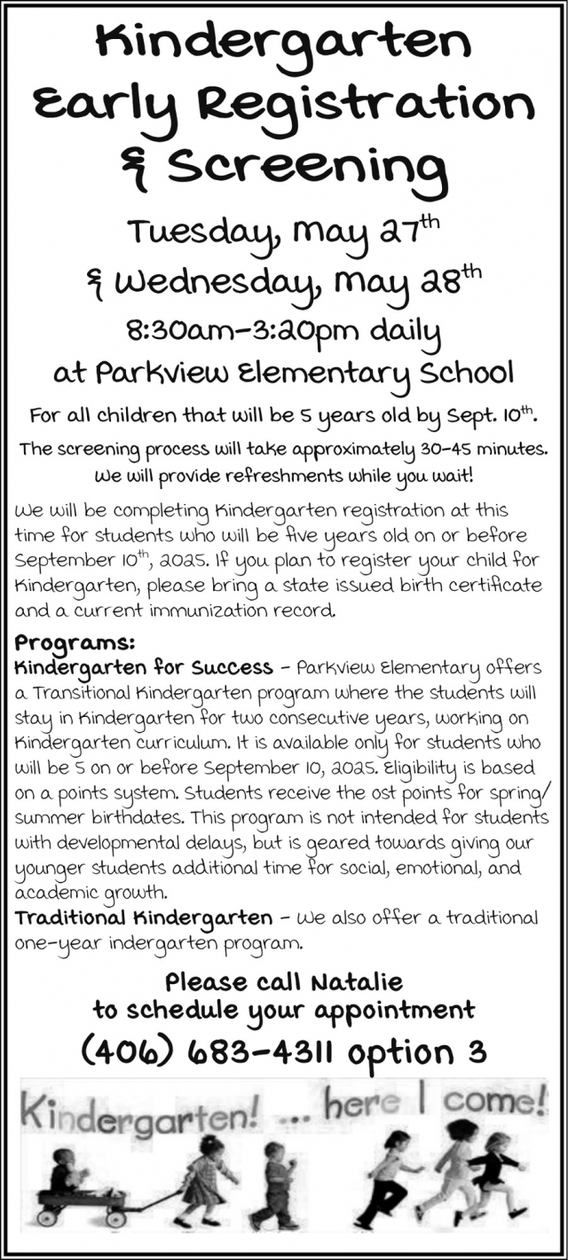 Kindergarten Early Registration, Dillon School District #10, Dillon, MT