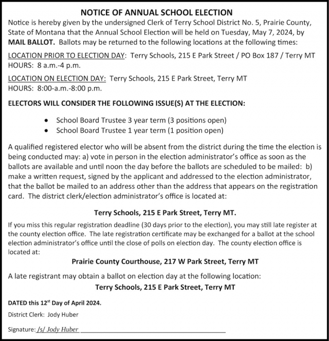 Notice of Annual School Election, Terry School District No. 5