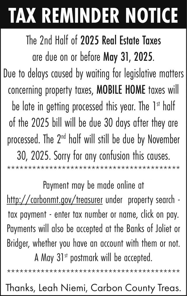 Tax Reminder Notice, Carbon County