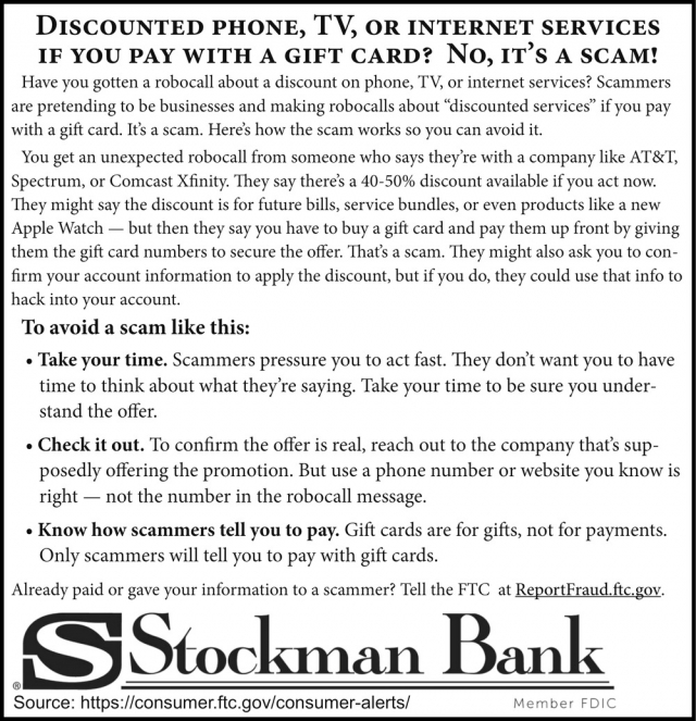 Discounted Phone, Tv, or Internet Services if You Pay with A Gift Card? No, It's a Scam!, Stockman Bank