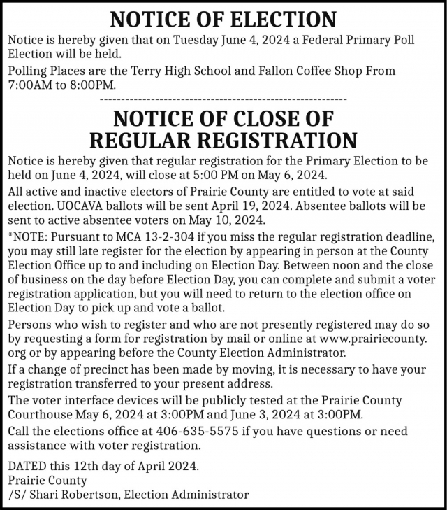 Notice of Election, Shari Robertson - Prairie County, Terry, MT