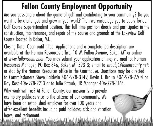 Golf Course Superintendent, Fallon County, Baker, MT