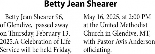 Betty Jean Shearer, Obituaries, Glendive, MT